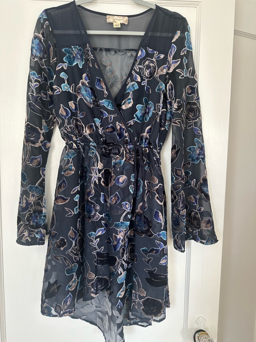Floral Velvet-Accented Black Sheer Wrap Dress